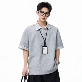 Áo sơ mi polo hai mảnh kẻ sọc thường ngày Áo sơ mi ngắn tay nam thanh thiếu niên dáng rộng Mỹ mặc đường phố mùa hè Áo thun nửa tay