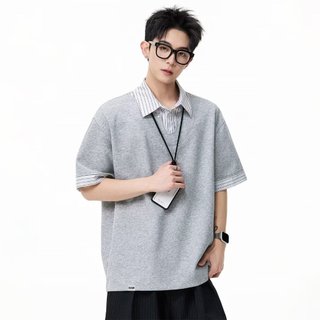 Áo sơ mi polo hai mảnh kẻ sọc thường ngày Áo sơ mi ngắn tay nam thanh thiếu niên dáng rộng Mỹ mặc đường phố mùa hè Áo thun nửa tay