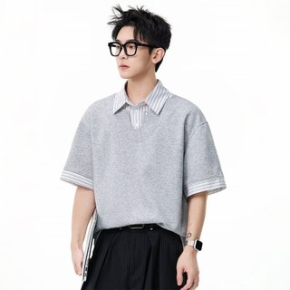 Áo sơ mi polo hai mảnh kẻ sọc thường ngày Áo sơ mi ngắn tay nam thanh thiếu niên dáng rộng Mỹ mặc đường phố mùa hè Áo thun nửa tay