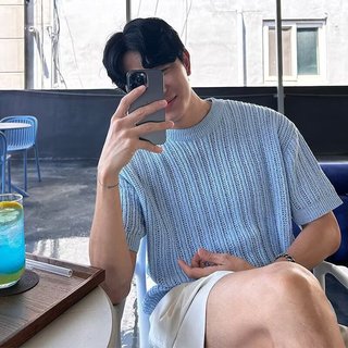 Áo thun ngắn tay dệt kim Cotton nguyên chất của Mỹ dành cho nam cổ tròn dày Áo len ngắn tay thường ngày phù hợp cho mọi trận đấu