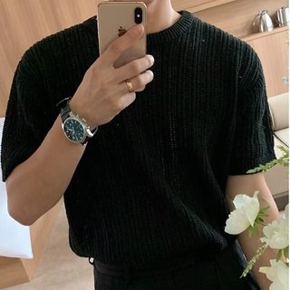 Áo thun ngắn tay dệt kim Cotton nguyên chất của Mỹ dành cho nam cổ tròn dày Áo len ngắn tay thường ngày phù hợp cho mọi trận đấu