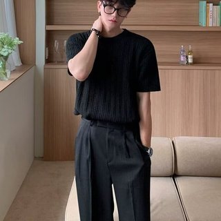 Áo thun ngắn tay dệt kim Cotton nguyên chất của Mỹ dành cho nam cổ tròn dày Áo len ngắn tay thường ngày phù hợp cho mọi trận đấu
