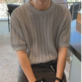 Áo thun ngắn tay dệt kim Cotton nguyên chất của Mỹ dành cho nam cổ tròn dày Áo len ngắn tay thường ngày phù hợp cho mọi trận đấu