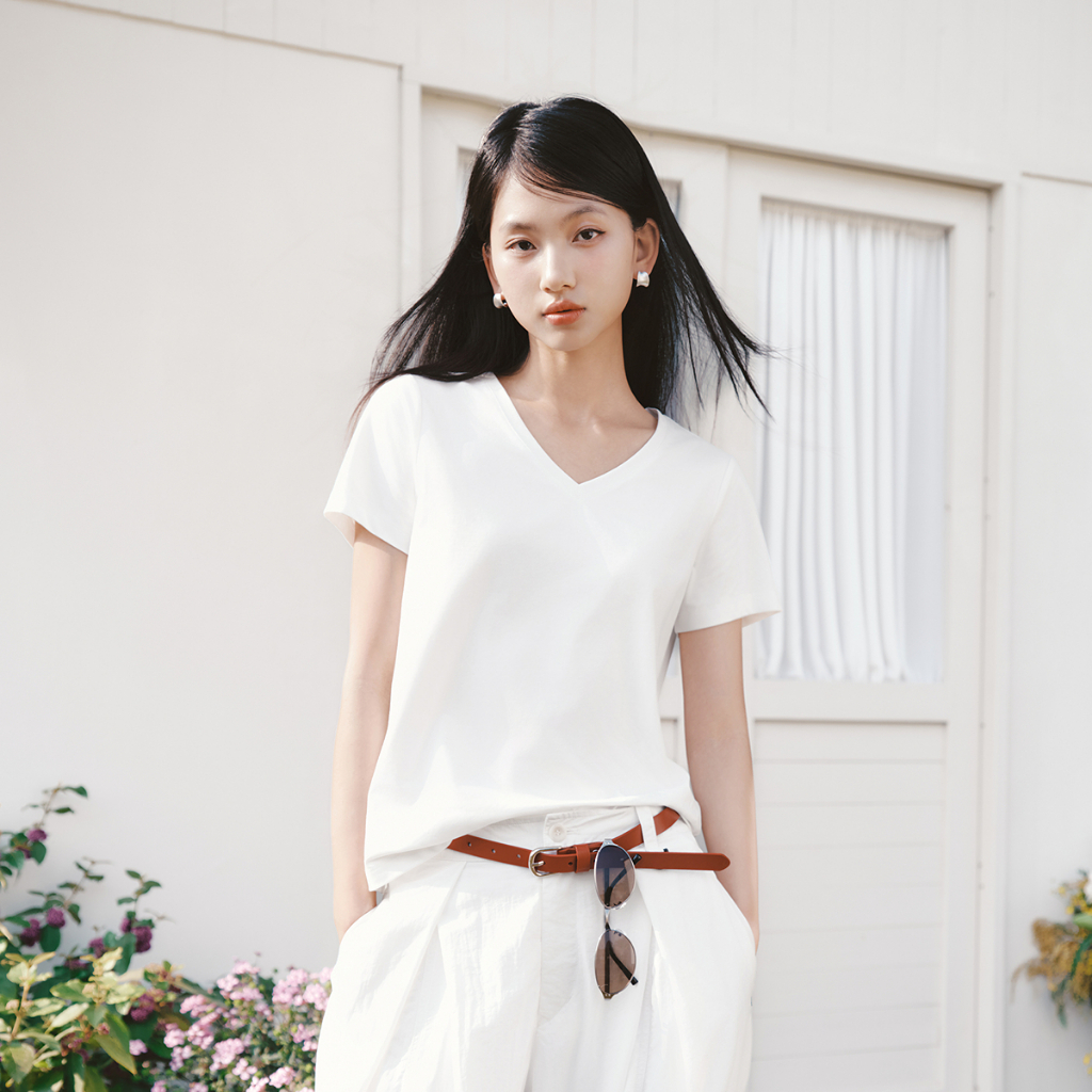 Semir Áo sơ mi nữ cổ chữ V, thấm hút nhanh khô, form slim fit, phù hợp mùa hè