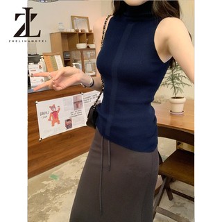 ZHELIHANGFEI Áo Vest dệt kim cổ cao màu xanh hải quân, phong cách Pháp và retro slim-fit