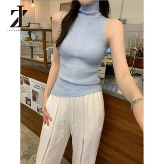 ZHELIHANGFEI Áo Vest dệt kim cổ cao màu xanh hải quân, phong cách Pháp và retro slim-fit