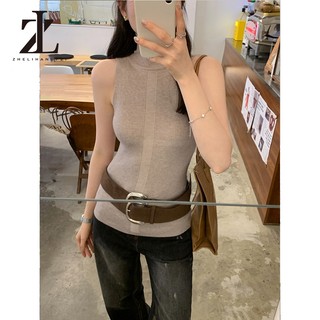 ZHELIHANGFEI Áo Vest dệt kim cổ cao màu xanh hải quân, phong cách Pháp và retro slim-fit