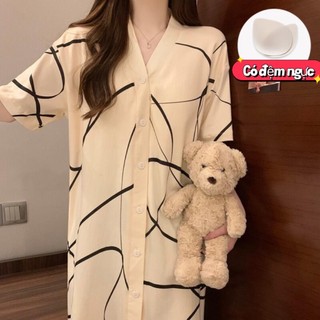 【Vải cotton nguyên chất, có mút ngực】Váy ngủ dài tay ngắn mùa hè cho nữ / Đồ mặc nhà phong cách thời trang thanh lịch