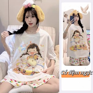 【Học sinh】【Có độn ngực】Bộ đồ ngủ nữ dễ thương mới xuân hè 2026: Áo cổ tròn cotton mát in hình xinh xắn【mặc nhà hay dạo phố đều đẹp】