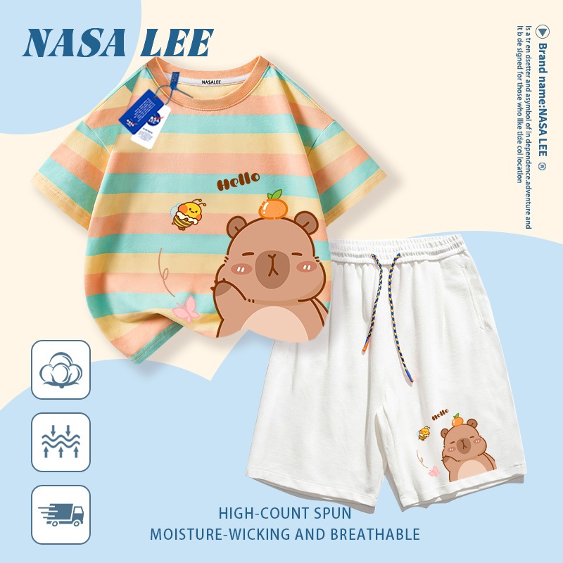 [Giao hàng trong ngày] Áo thun Cotton nguyên chất màu trắng cho trẻ em NASA Áo thun Cotton thoáng khí in hình gấu dễ thương 3-16 tuổi bé trai bé gái tay ngắn thông thường