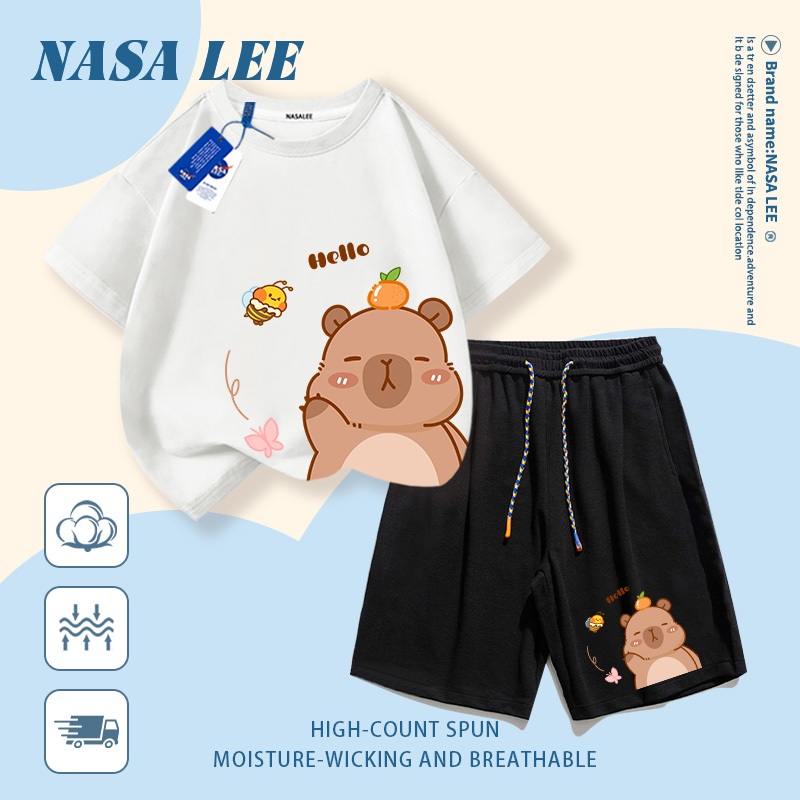 [Giao hàng trong ngày] Áo thun Cotton nguyên chất màu trắng cho trẻ em NASA Áo thun Cotton thoáng khí in hình gấu dễ thương 3-16 tuổi bé trai bé gái tay ngắn thông thường