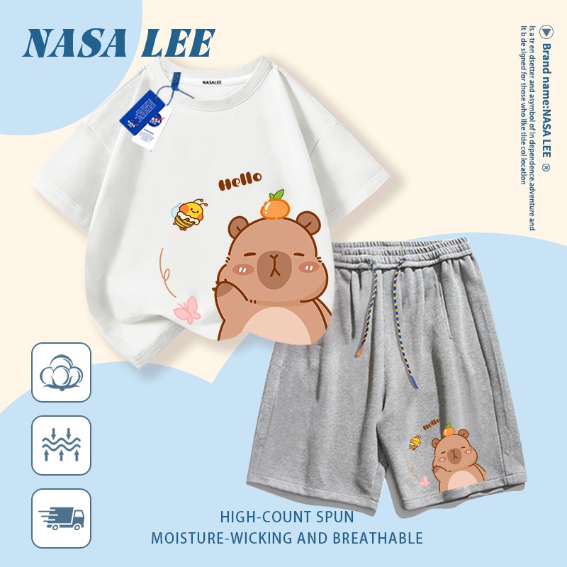 [Giao hàng trong ngày] Áo thun Cotton nguyên chất màu trắng cho trẻ em NASA Áo thun Cotton thoáng khí in hình gấu dễ thương 3-16 tuổi bé trai bé gái tay ngắn thông thường