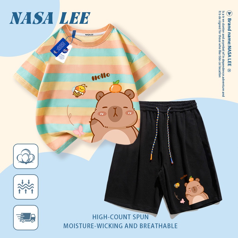 [Giao hàng trong ngày] Áo thun Cotton nguyên chất màu trắng cho trẻ em NASA Áo thun Cotton thoáng khí in hình gấu dễ thương 3-16 tuổi bé trai bé gái tay ngắn thông thường
