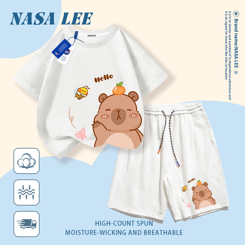 [Giao hàng trong ngày] Áo thun Cotton nguyên chất màu trắng cho trẻ em NASA Áo thun Cotton thoáng khí in hình gấu dễ thương 3-16 tuổi bé trai bé gái tay ngắn thông thường