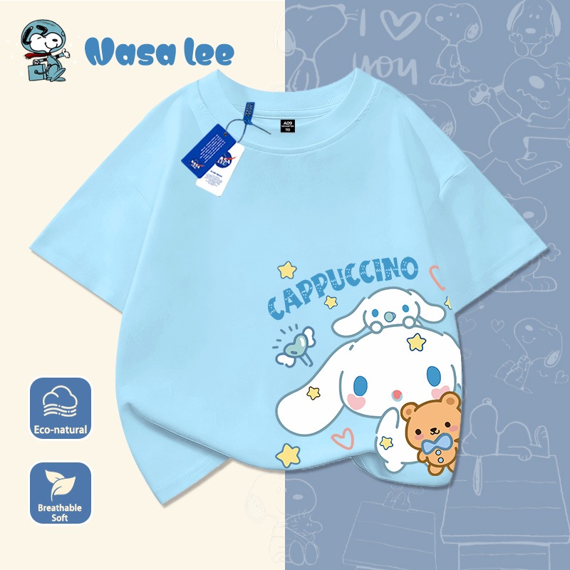 Áo thun ngắn tay trẻ em hợp tác thiết kế với NASA, phong cách Mỹ, hình Cinnamoroll (chó quế) phiên bản dễ thương, dành cho bé trai và bé gái, trẻ em và thiếu niên, áo dễ thương mặc mùa hè.