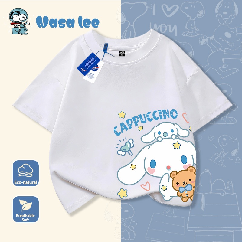 Áo thun ngắn tay trẻ em hợp tác thiết kế với NASA, phong cách Mỹ, hình Cinnamoroll (chó quế) phiên bản dễ thương, dành cho bé trai và bé gái, trẻ em và thiếu niên, áo dễ thương mặc mùa hè.