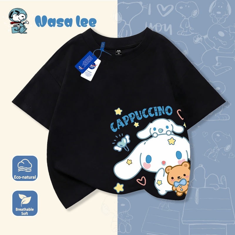 Áo thun ngắn tay trẻ em hợp tác thiết kế với NASA, phong cách Mỹ, hình Cinnamoroll (chó quế) phiên bản dễ thương, dành cho bé trai và bé gái, trẻ em và thiếu niên, áo dễ thương mặc mùa hè.