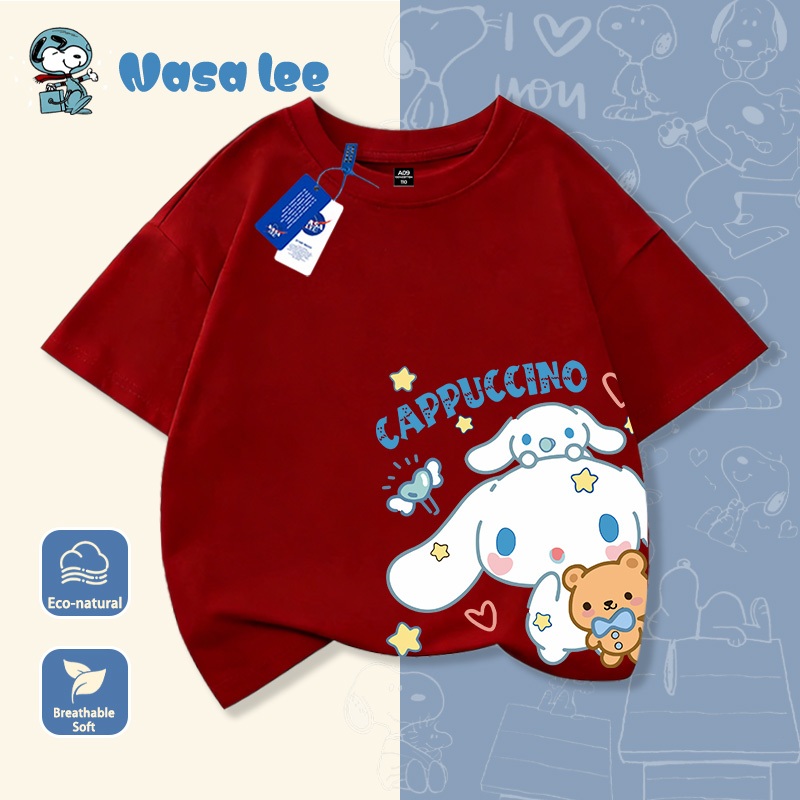 Áo thun ngắn tay trẻ em hợp tác thiết kế với NASA, phong cách Mỹ, hình Cinnamoroll (chó quế) phiên bản dễ thương, dành cho bé trai và bé gái, trẻ em và thiếu niên, áo dễ thương mặc mùa hè.