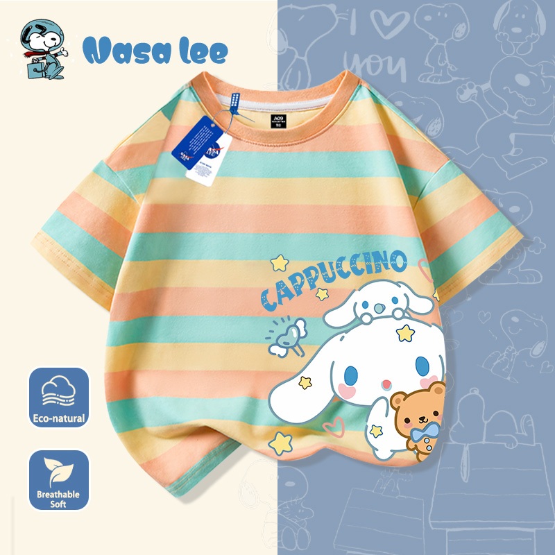 Áo thun ngắn tay trẻ em hợp tác thiết kế với NASA, phong cách Mỹ, hình Cinnamoroll (chó quế) phiên bản dễ thương, dành cho bé trai và bé gái, trẻ em và thiếu niên, áo dễ thương mặc mùa hè.