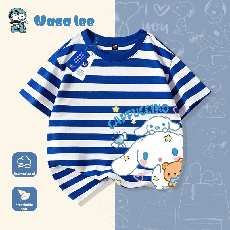Áo thun ngắn tay trẻ em hợp tác thiết kế với NASA, phong cách Mỹ, hình Cinnamoroll (chó quế) phiên bản dễ thương, dành cho bé trai và bé gái, trẻ em và thiếu niên, áo dễ thương mặc mùa hè.