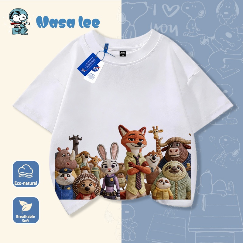 Áo thun ngắn tay hình Nasa và Zootopia cho bé gái, hàng mới năm 2026, chất liệu cotton, áo mùa hè cho trẻ em, áo cộc tay cho bé trai và bé gái.