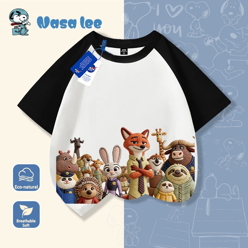 Áo thun ngắn tay hình Nasa và Zootopia cho bé gái, hàng mới năm 2026, chất liệu cotton, áo mùa hè cho trẻ em, áo cộc tay cho bé trai và bé gái.
