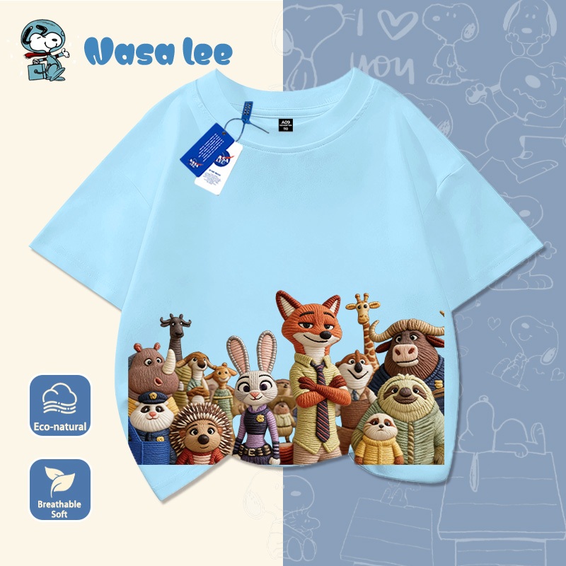 Áo thun ngắn tay hình Nasa và Zootopia cho bé gái, hàng mới năm 2026, chất liệu cotton, áo mùa hè cho trẻ em, áo cộc tay cho bé trai và bé gái.