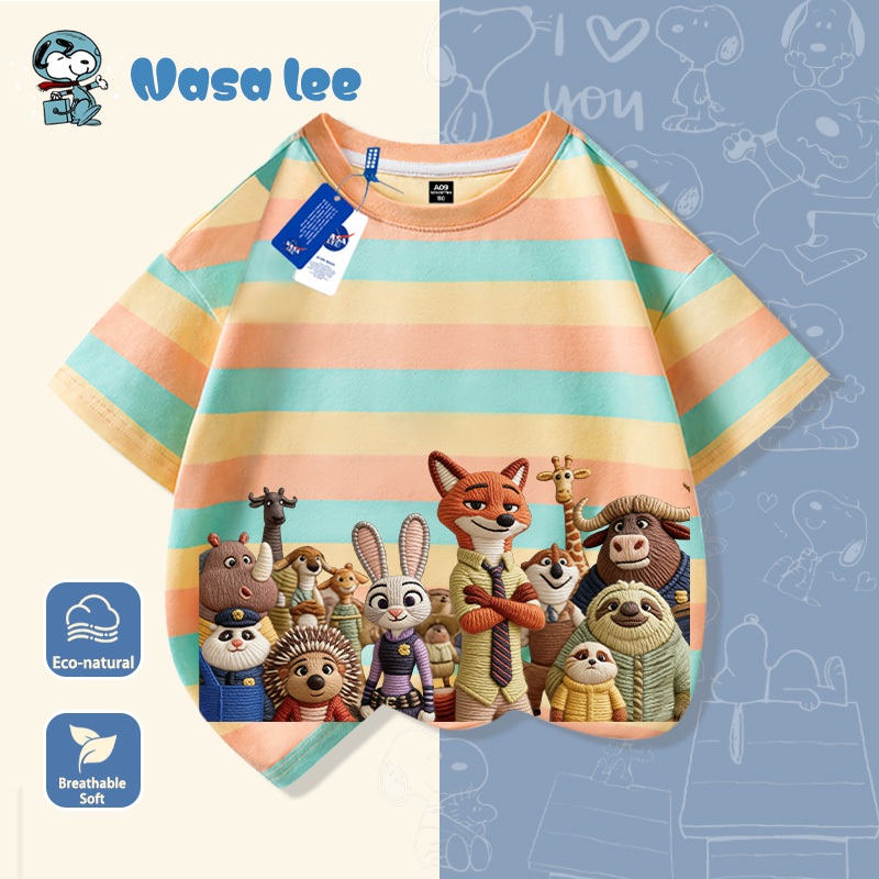 Áo thun ngắn tay hình Nasa và Zootopia cho bé gái, hàng mới năm 2026, chất liệu cotton, áo mùa hè cho trẻ em, áo cộc tay cho bé trai và bé gái.