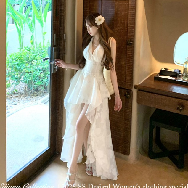 Mùa Hè Pháp Phong Cách Mới Off-White Voan Váy Dài Nữ Ôm Hơn Cổ Chữ V Không Tay Dây Buộc Giữa Chiều Dài A @
