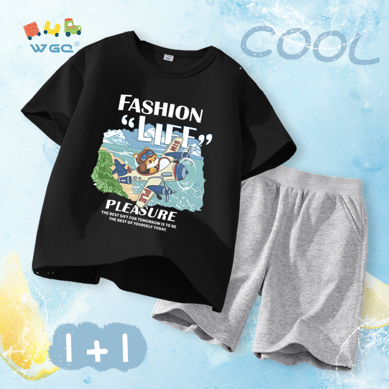 W.G.Q Bộ đồ bé trai，Bộ đồ áo thun và quần short，Vải Cotton nguyên chất mềm mại thoải mái，thấm mồ hôi thoáng khí，Sản phẩm bán chạy mùa hè