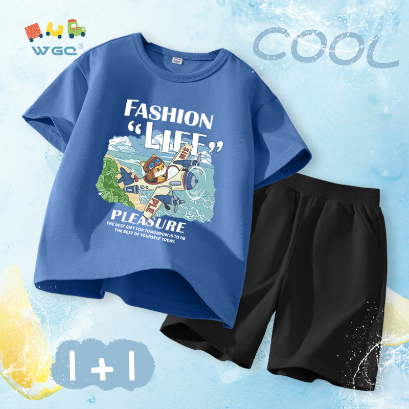 W.G.Q Bộ đồ bé trai，Bộ đồ áo thun và quần short，Vải Cotton nguyên chất mềm mại thoải mái，thấm mồ hôi thoáng khí，Sản phẩm bán chạy mùa hè