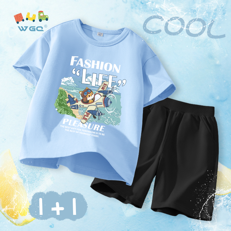 W.G.Q Bộ đồ bé trai，Bộ đồ áo thun và quần short，Vải Cotton nguyên chất mềm mại thoải mái，thấm mồ hôi thoáng khí，Sản phẩm bán chạy mùa hè