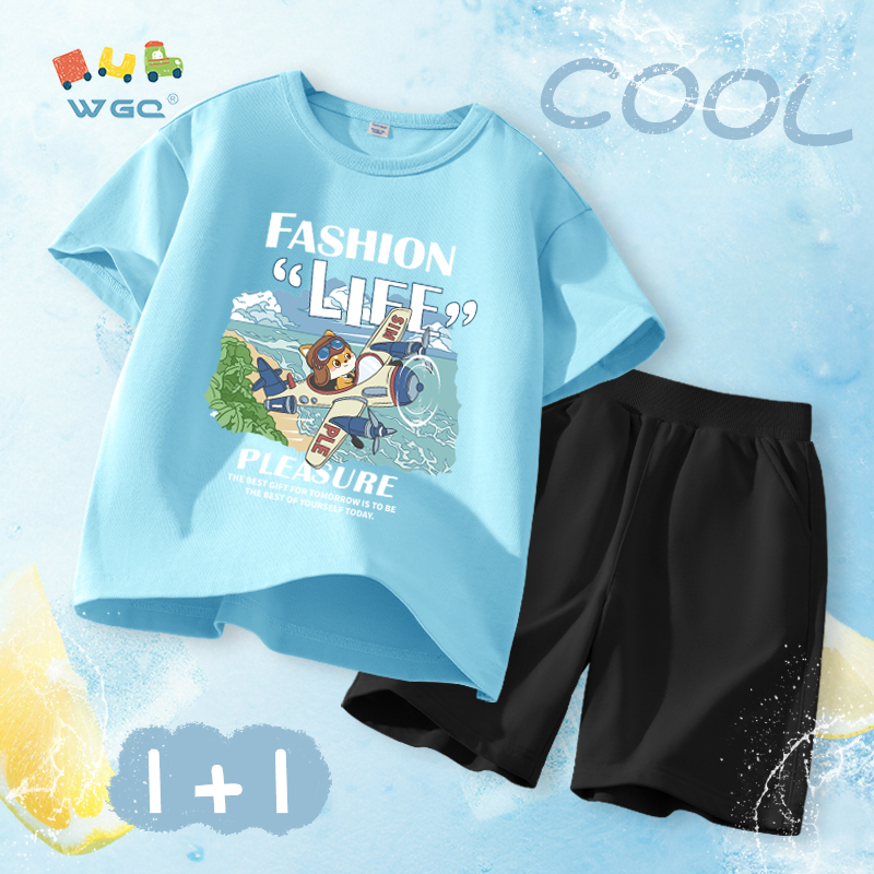W.G.Q Bộ đồ bé trai，Bộ đồ áo thun và quần short，Vải Cotton nguyên chất mềm mại thoải mái，thấm mồ hôi thoáng khí，Sản phẩm bán chạy mùa hè