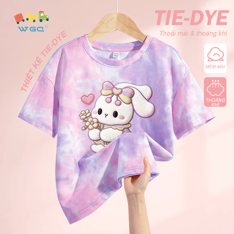 W.G.Q Áo thun bé gái，thiết kế nhuộm tie-dye，Vải Cotton nguyên chất mềm mại thoải mái，thoáng khí thấm mồ hôi in hình thỏ