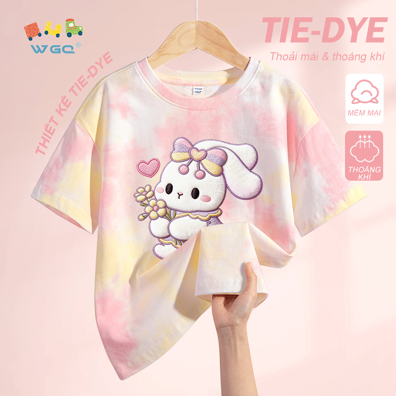 W.G.Q Áo thun bé gái，thiết kế nhuộm tie-dye，Vải Cotton nguyên chất mềm mại thoải mái，thoáng khí thấm mồ hôi in hình thỏ