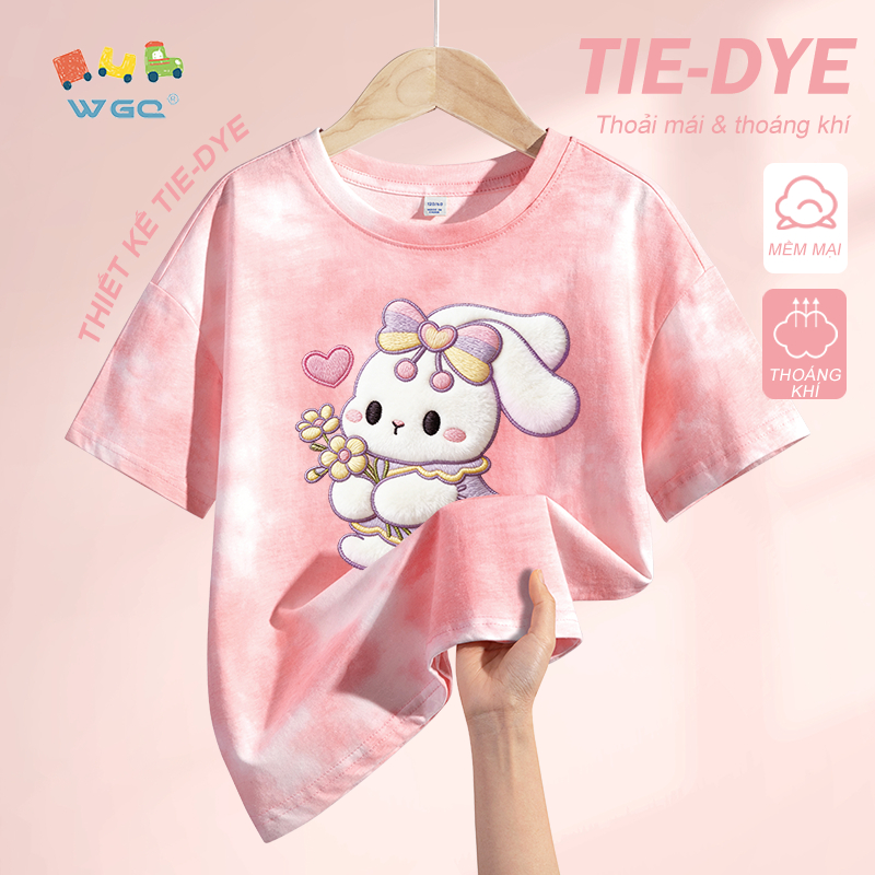 W.G.Q Áo thun bé gái，thiết kế nhuộm tie-dye，Vải Cotton nguyên chất mềm mại thoải mái，thoáng khí thấm mồ hôi in hình thỏ