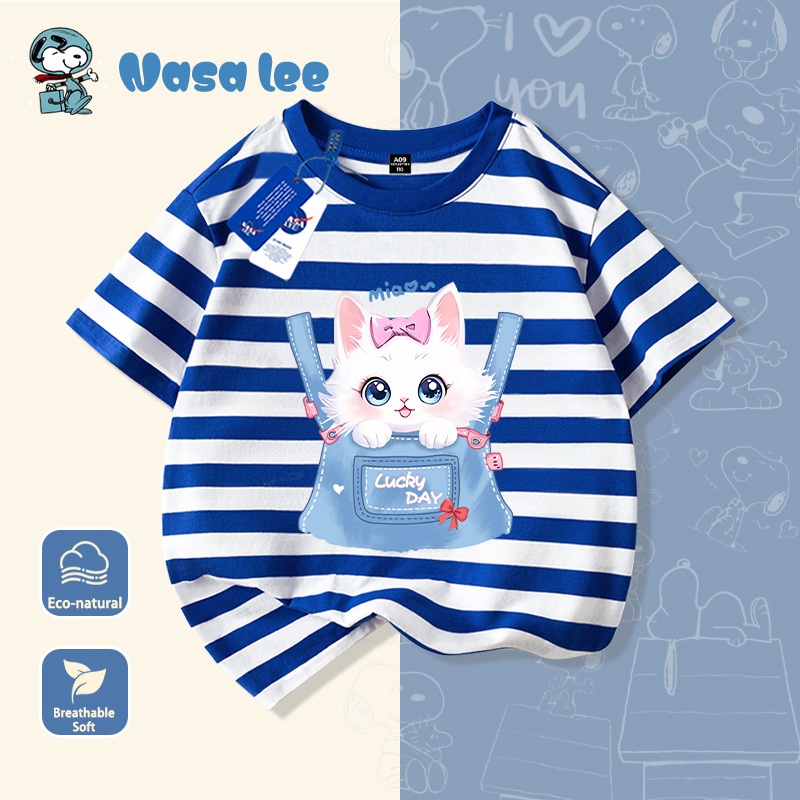 Áo thun ngắn tay NASA cho bé gái, mẫu mới 2026, chất liệu cotton 100%, in hình mèo, dành cho bé gái