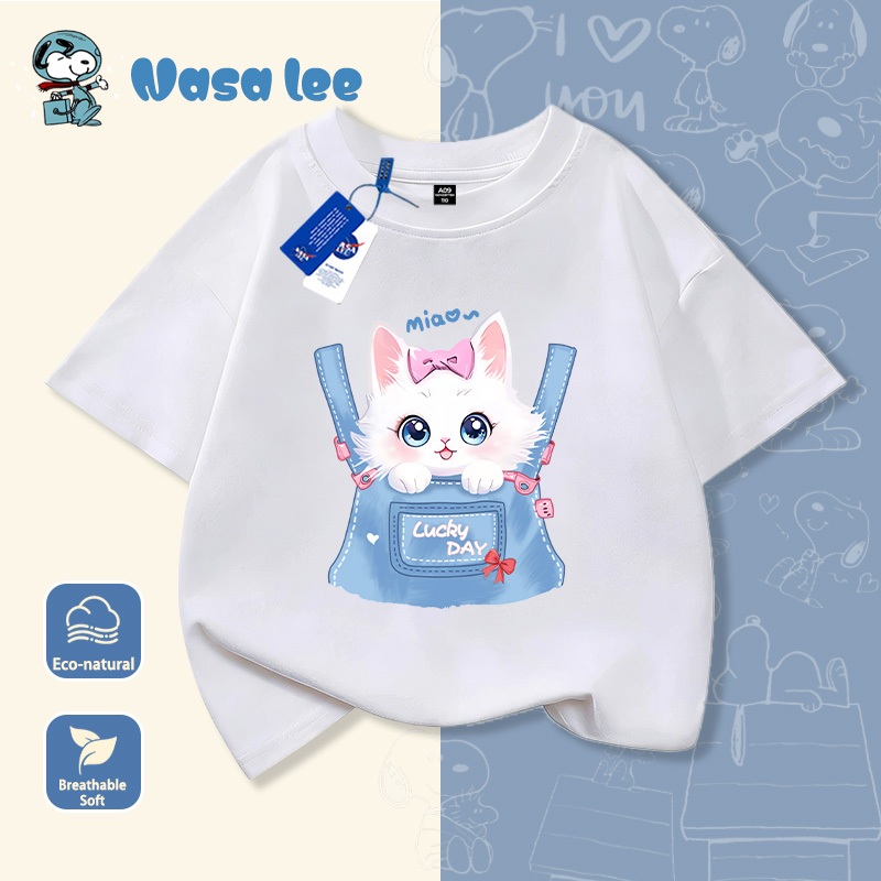 Áo thun ngắn tay NASA cho bé gái, mẫu mới 2026, chất liệu cotton 100%, in hình mèo, dành cho bé gái
