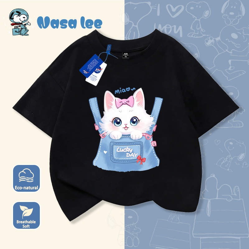 Áo thun ngắn tay NASA cho bé gái, mẫu mới 2026, chất liệu cotton 100%, in hình mèo, dành cho bé gái