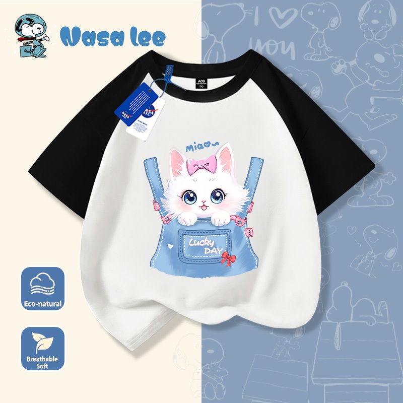Áo thun ngắn tay NASA cho bé gái, mẫu mới 2026, chất liệu cotton 100%, in hình mèo, dành cho bé gái