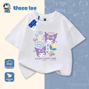 Áo thun ngắn tay in hình Kuromi cho trẻ em, chất liệu cotton 100%, mới, thoáng mát, dễ chịu, form rộng dành cho bé gái