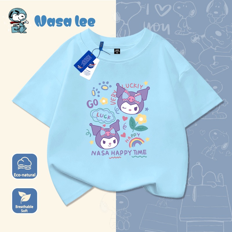 Áo thun ngắn tay in hình Kuromi cho trẻ em, chất liệu cotton 100%, mới, thoáng mát, dễ chịu, form rộng dành cho bé gái