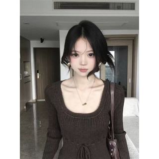 Áo sơ mi nữ ren cổ dài tay dệt kim màu cà phê form ôm, thiết kế gợi cảm phù hợp xuân thu