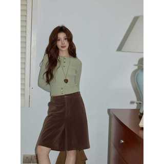 Áo sơ mi nữ phong cách Hàn Quốc màu xanh, cổ tròn, form slim-fit, tay dài phù hợp thu đông