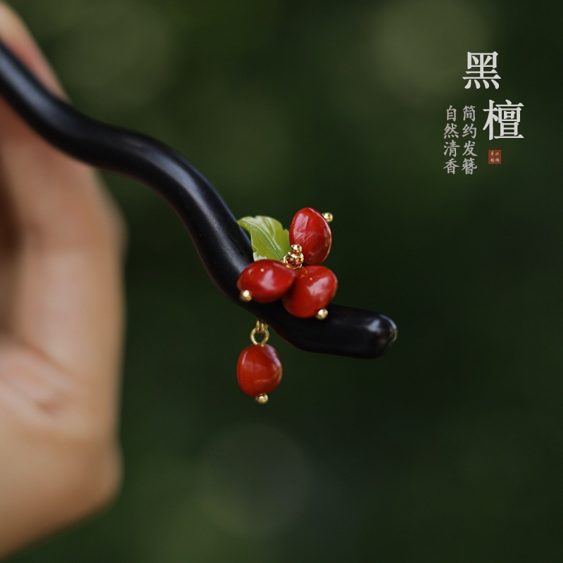 Kẹp Tóc Gỗ Đàn Hương Màu Nâu và Đỏ, Phụ Kiện Hanfu Phong Cách Trung Quốc