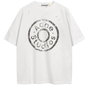 Chữ Vintage Đau Khổ Nút In Logo Áo Thun Unisex Nam Tee Trắng