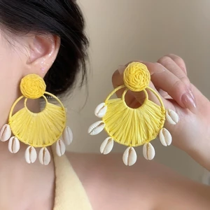 Bông tai raffia dệt nữ, phong cách phóng khoáng, phù hợp cho kỳ nghỉ bên biển