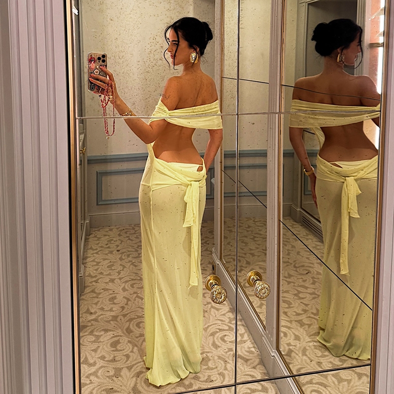 CuteNew Đầm Maxi cổ nỉ không lưng lưới mỏng - Phong cách kỳ nghỉ summer