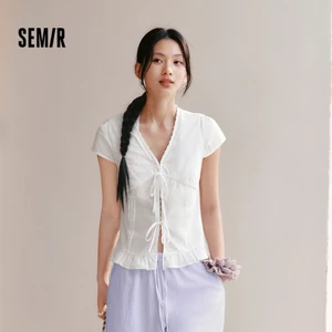 Áo sơ mi tay ngắn Semir nữ, cổ chữ V, nơ cotton mới, phù hợp mùa hè