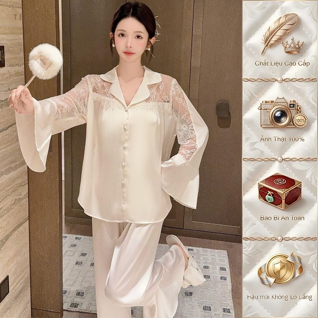 TEEFENG Bộ Đồ Ngủ Nữ Lụa Cao Cấp Ren Phong Cách Sang Trọng Mùa Hè Mặc Nhà